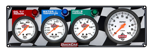 Gauge Panel Assembly - Fuel Pressure / Oil Pressure / Tachometer / Water Temperature - 3-3/8 in / 2-5/8 in Diameter - Silver Face - Warning Light - Kit