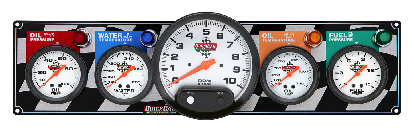 Gauge Panel Assembly - Fuel Pressure / Oil Pressure / Oil Temperature / Tachometer / Water Temperature - 5 in / 2-5/8 in Diameter - Silver Face - Warning Light - Kit