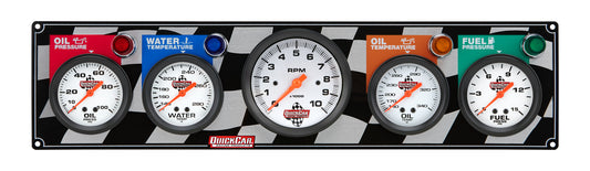 Gauge Panel Assembly - Fuel Pressure / Oil Pressure / Oil Temperature / Tachometer / Water Temperature - 3-3/8 in / 2-5/8 in Diameter - Silver Face - Warning Light - Kit