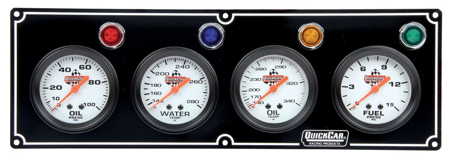 Gauge Panel Assembly - Fuel Pressure / Oil Pressure / Oil Temperature / Water Temperature - 2-5/8 in Diameter - Silver Face - Warning Light - Kit