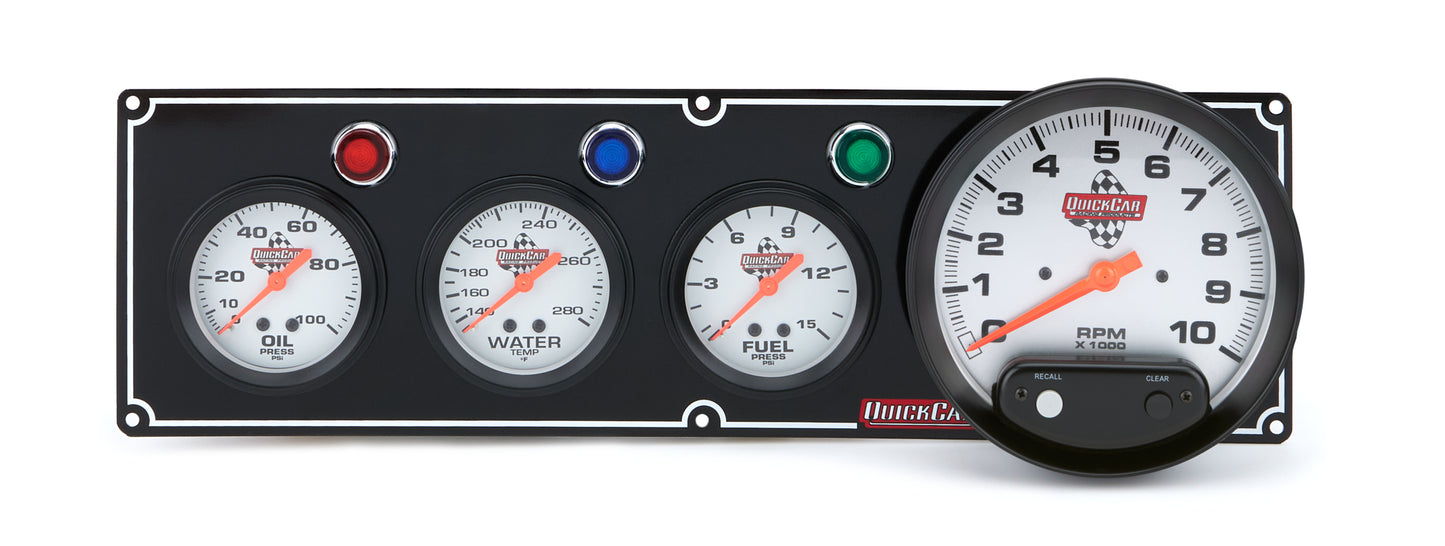 Gauge Panel Assembly - Fuel Pressure / Oil Pressure / Tachometer / Water Temperature - 5 in / 2-5/8 in Diameter - Silver Face - Warning Light - Kit