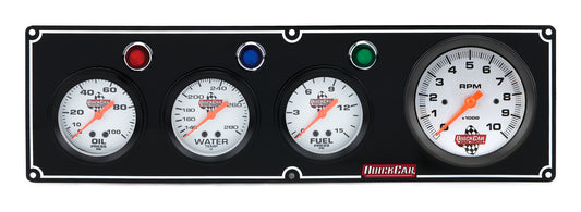 Gauge Panel Assembly - Fuel Pressure / Oil Pressure / Tachometer / Water Temperature - 3-3/8 in / 2-5/8 in Diameter - Silver Face - Warning Light - Kit