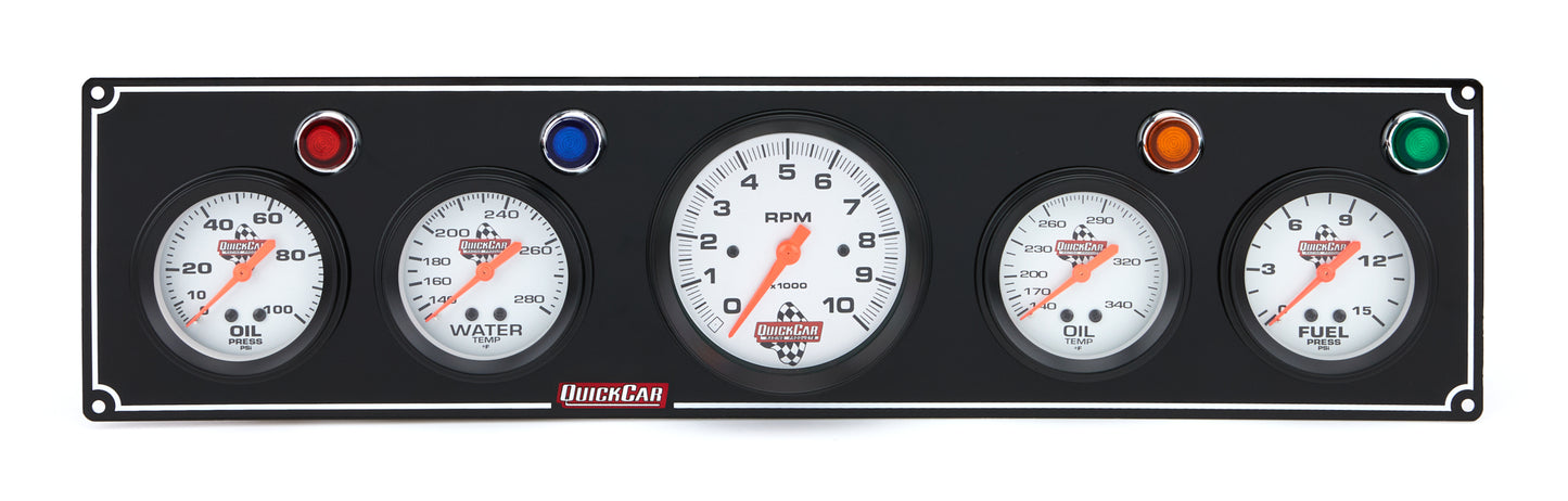 Gauge Panel Assembly - Fuel Pressure / Oil Pressure / Oil Temperature / Tachometer / Water Temperature - 3-3/8 in / 2-5/8 in Diameter - Silver Face - Warning Light - Kit