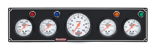 Gauge Panel Assembly - Fuel Pressure / Oil Pressure / Oil Temperature / Tachometer / Water Temperature - 3-3/8 in / 2-5/8 in Diameter - Silver Face - Warning Light - Kit