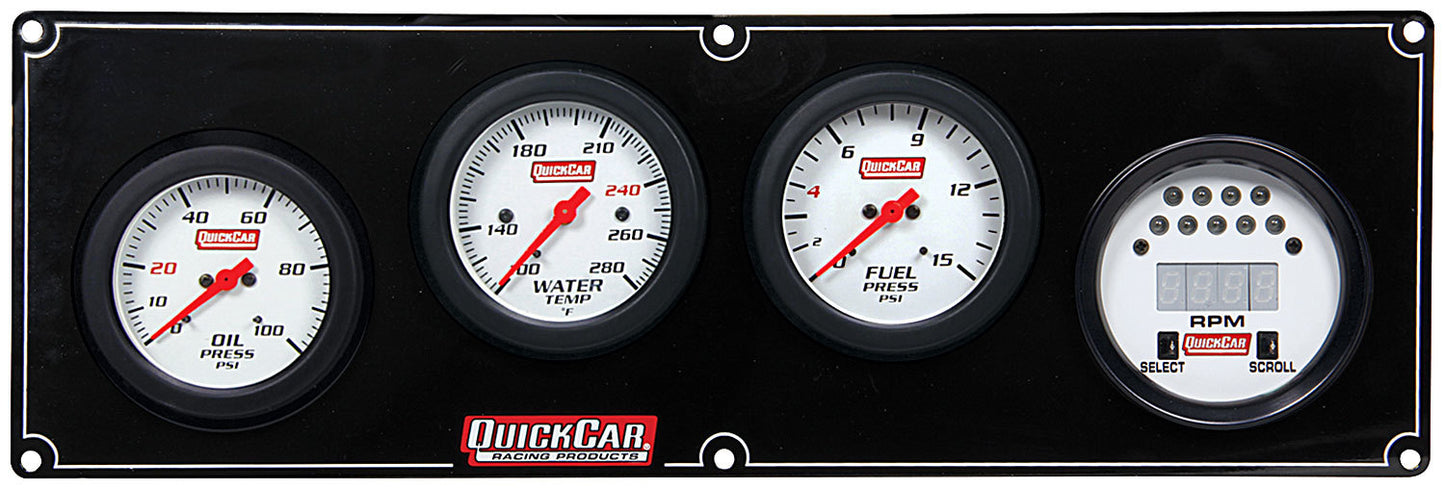 Gauge Panel Assembly - Extreme - Fuel Pressure / Oil Pressure / Digital Tachometer / Water Temperature - 2-5/8 in Diameter - White Face - Warning Light - Kit