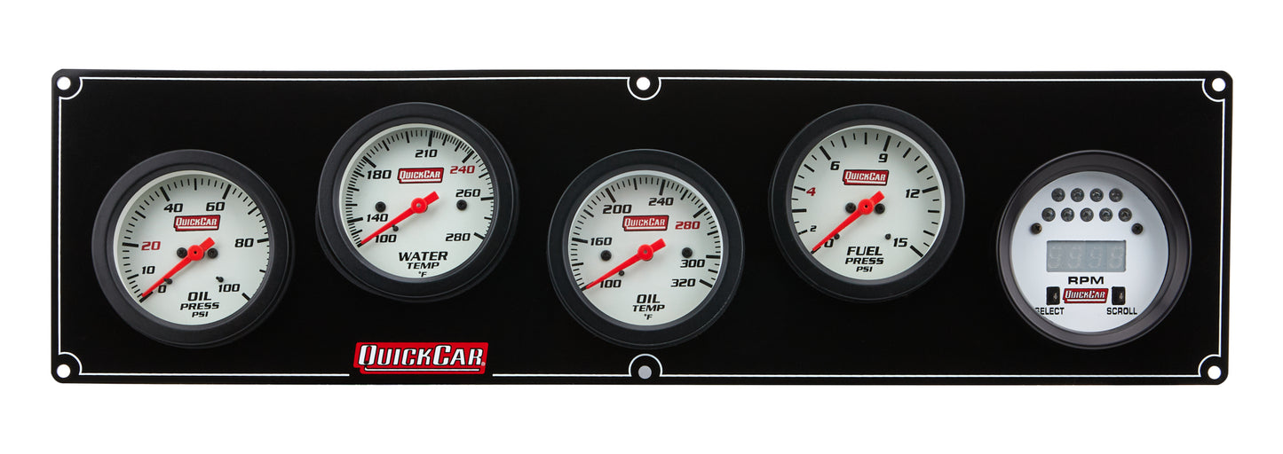 Gauge Panel Assembly - Extreme - Fuel Pressure / Oil Pressure / Oil Temperature / Digital Tachometer / Water Temperature - 2-5/8 in Diameter - White Face - Warning Light - Kit