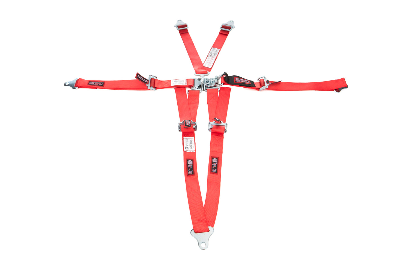 Harness - Junior Dragster - 5 Point - Latch and Link - SFI 16.1 - Pull Down Adjust - Bolt-On - V-Type Harness - Red - Kit