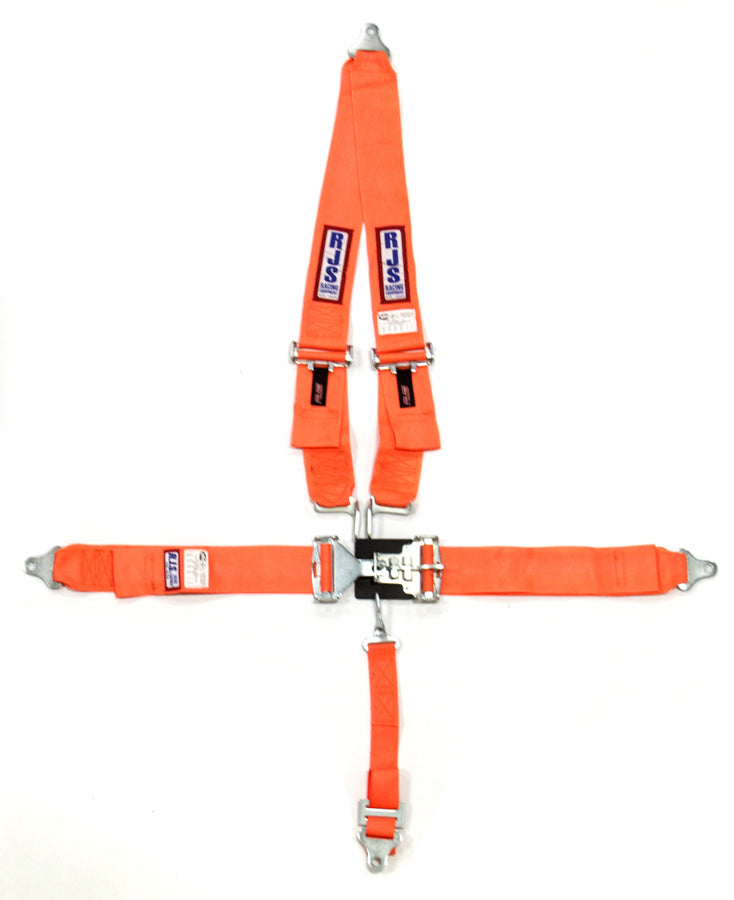 Harness - 5 Point - Latch and Link - SFI 16.1 - 64 in Length - Pull Down Adjust - Bolt-On - V-Type Harness - Orange - Kit