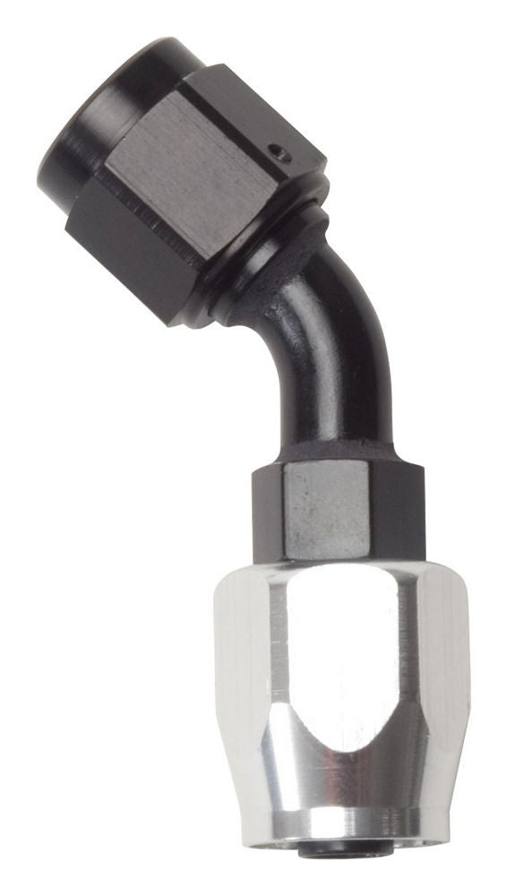 Fitting - Hose End - Full Flow - 45 Degree - 6 AN Hose to 6 AN Female - Aluminum - Black / Silver Anodized - Each