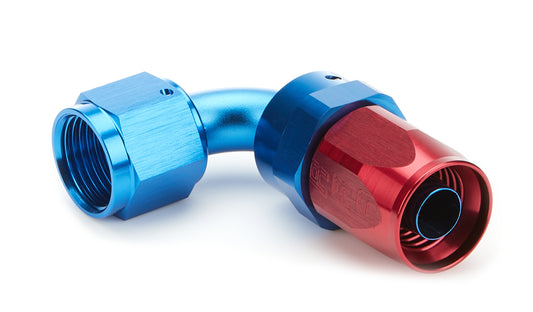 Fitting - Hose End - Full Flow - 90 Degree - 8 AN Hose to 8 AN Female Swivel - Aluminum - Blue / Red Anodized - Each
