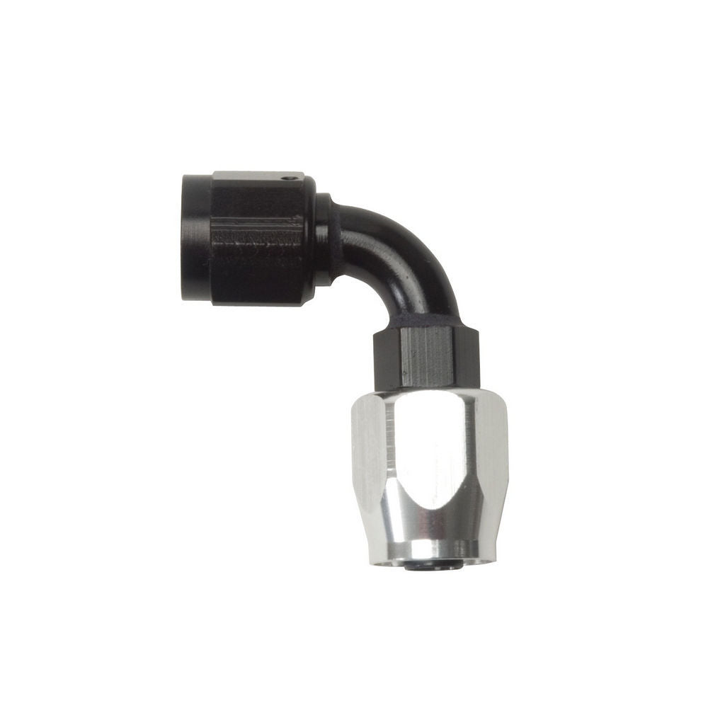 Fitting - Hose End - Full Flow - 90 Degree - 8 AN Hose to 8 AN Female Swivel - Aluminum - Black / Silver Anodized - Each