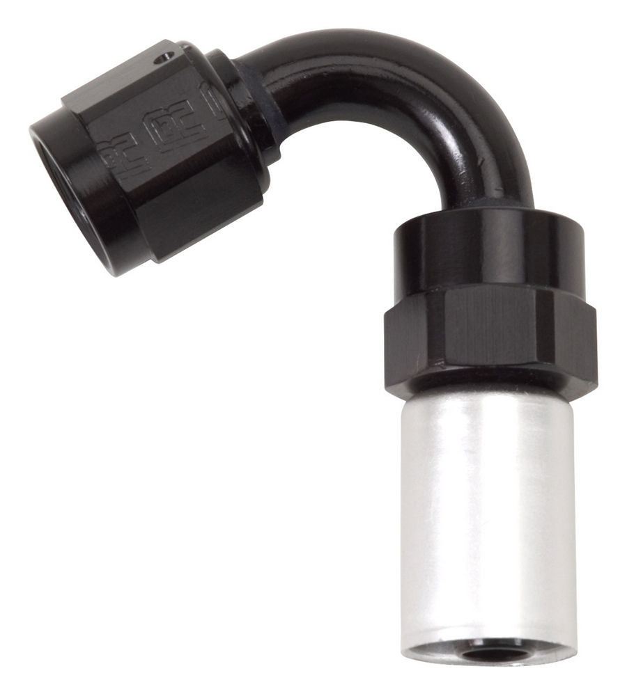 Fitting - Hose End - Crimp-On - 120 Degree - 8 AN Hose Crimp to 8 AN Female - Aluminum - Black / Silver Anodized - Each