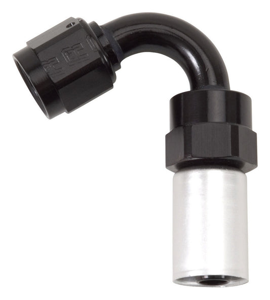 Fitting - Hose End - Crimp-On - 120 Degree - 8 AN Hose Crimp to 8 AN Female - Aluminum - Black / Silver Anodized - Each