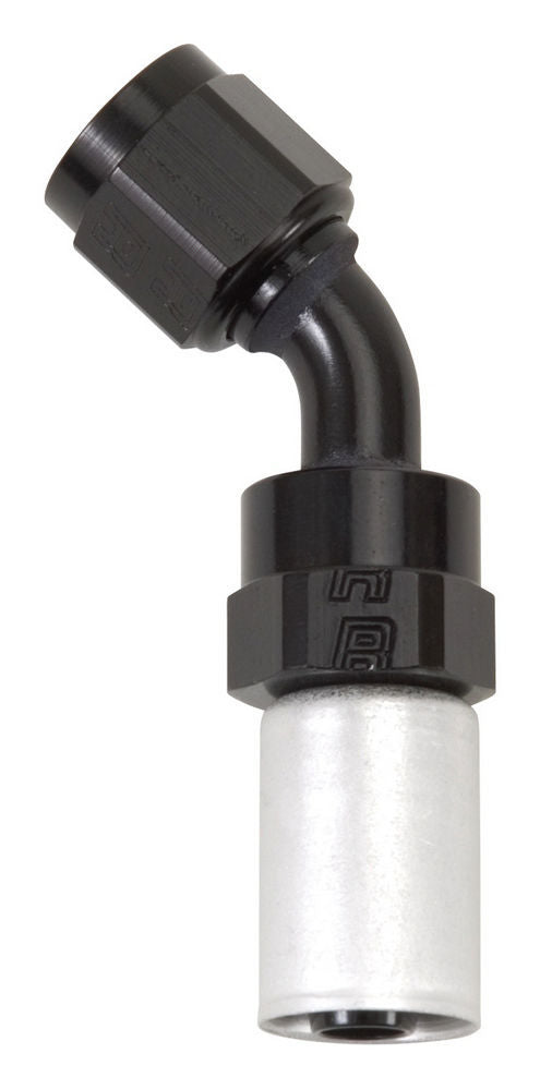 Fitting - Hose End - Crimp-On - 45 Degree - 12 AN Hose Crimp to 12 AN Female - Aluminum - Black / Silver Anodized - Each