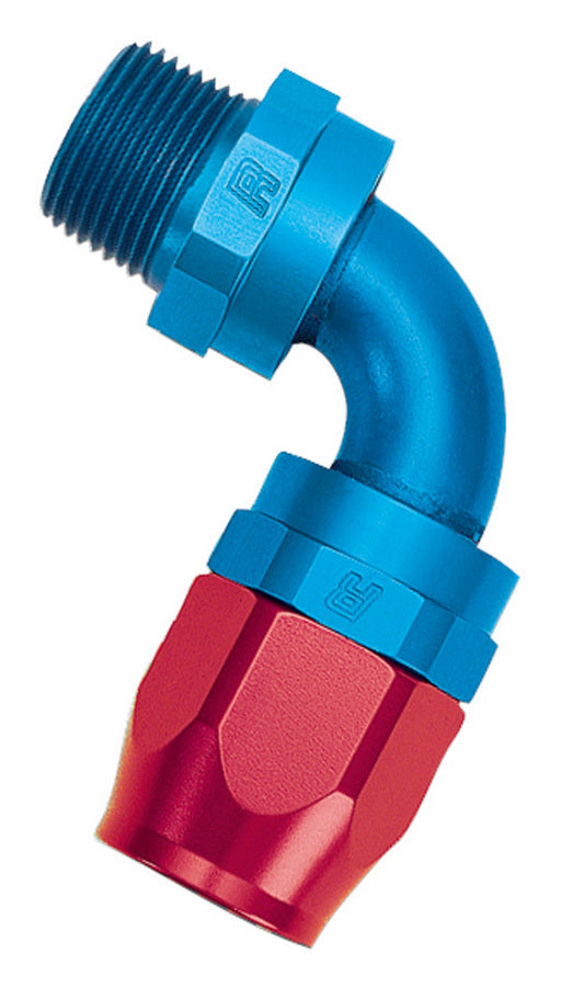 Fitting - Hose End - Full Flow Swivel - 90 Degree - 6 AN Hose to 1/4 in NPT Male - Swivel - Aluminum - Blue / Red Anodized - Each