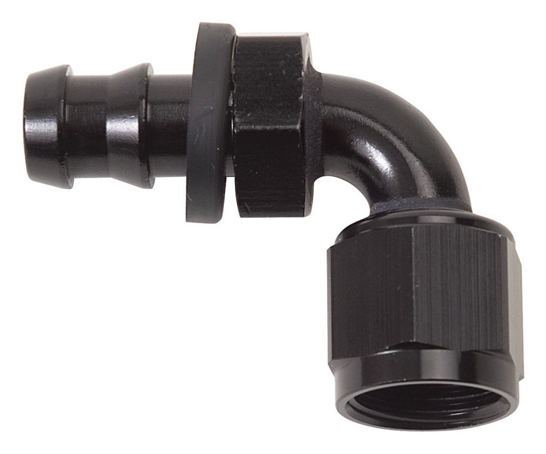 Fitting - Hose End - Twist-Lok - 90 Degree - 8 AN Hose Barb to 8 AN Female - Aluminum - Black Anodized - Each