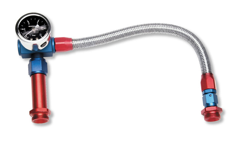 Carburetor Fuel Line - 3/8 in NPT Female Inlet - 7/8-20 in Dual Outlets - Braided Stainless Hose - Gauge - Blue / Red / Silver - Holley 4150 - Kit