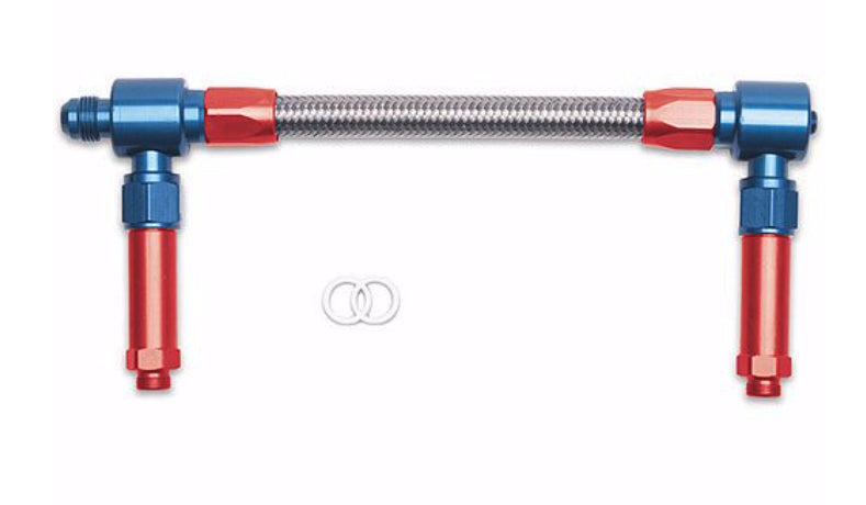 Carburetor Fuel Line - 8 AN Single Male Inlet - 7/8-20 in Dual Outlets - Braided Stainless Hose - Blue / Red - Holley 4150 - Kit