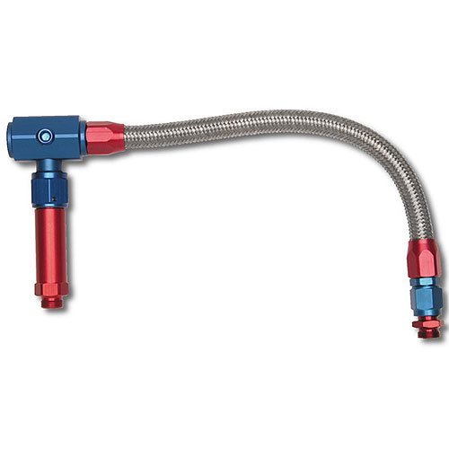 Carburetor Fuel Line - 3/8 in NPT Female Inlet - 9/16-24 in Dual Outlets - Braided Stainless Hose - Blue / Red / Silver - Demon - Kit