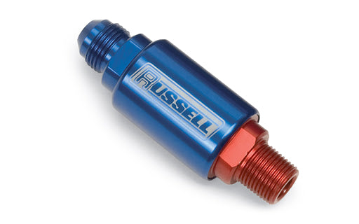 Fuel Filter - Competition Series - In-Line - 40 Micron - Stainless Element - 8 AN Male Inlet - 8 AN Male Outlet - Aluminum - Blue / Red Anodized - Each