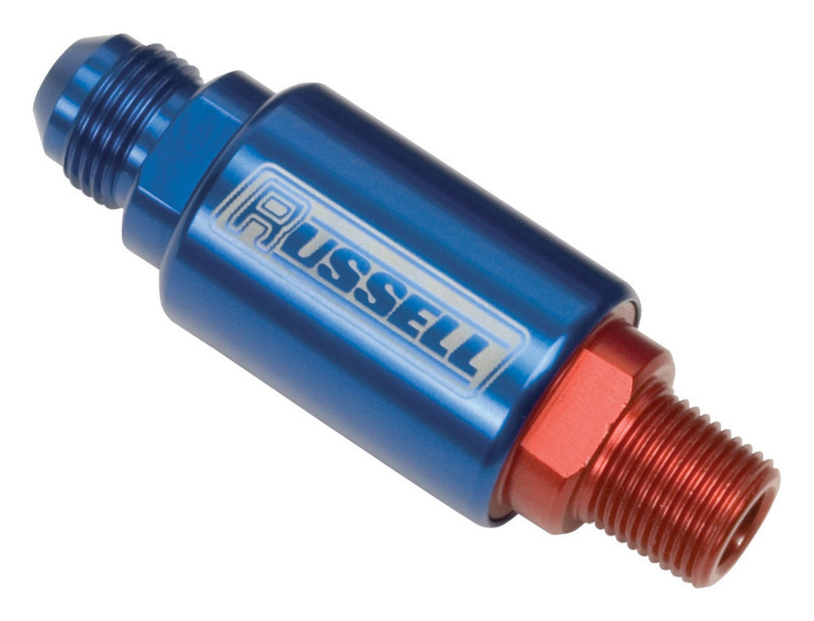 Fuel Filter - Competition Series - In-Line - 40 Micron - Stainless Element - 8 AN Male Inlet - 3/8 in NPT Male Outlet - Aluminum - Blue / Red Anodized - Each