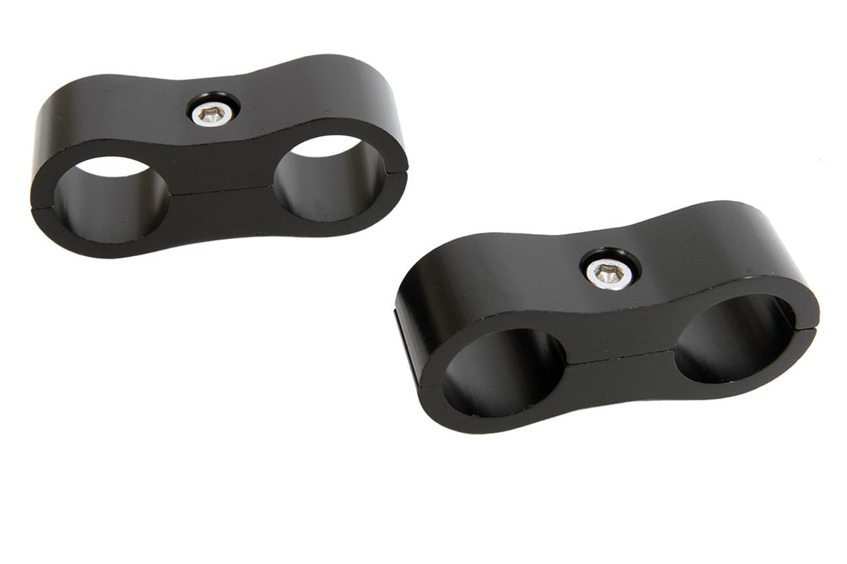 Hose / Tube Separators - Two 6 AN Holes - Aluminum - Black Anodized - Pair