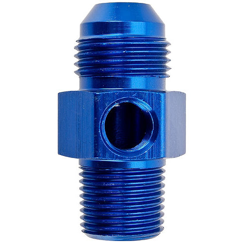 Fitting - Gauge Adapter - Straight - 6 AN Male to 3/8 in NPT Male - 1/8 in NPT Gauge Port - Aluminum - Blue Anodized - Each