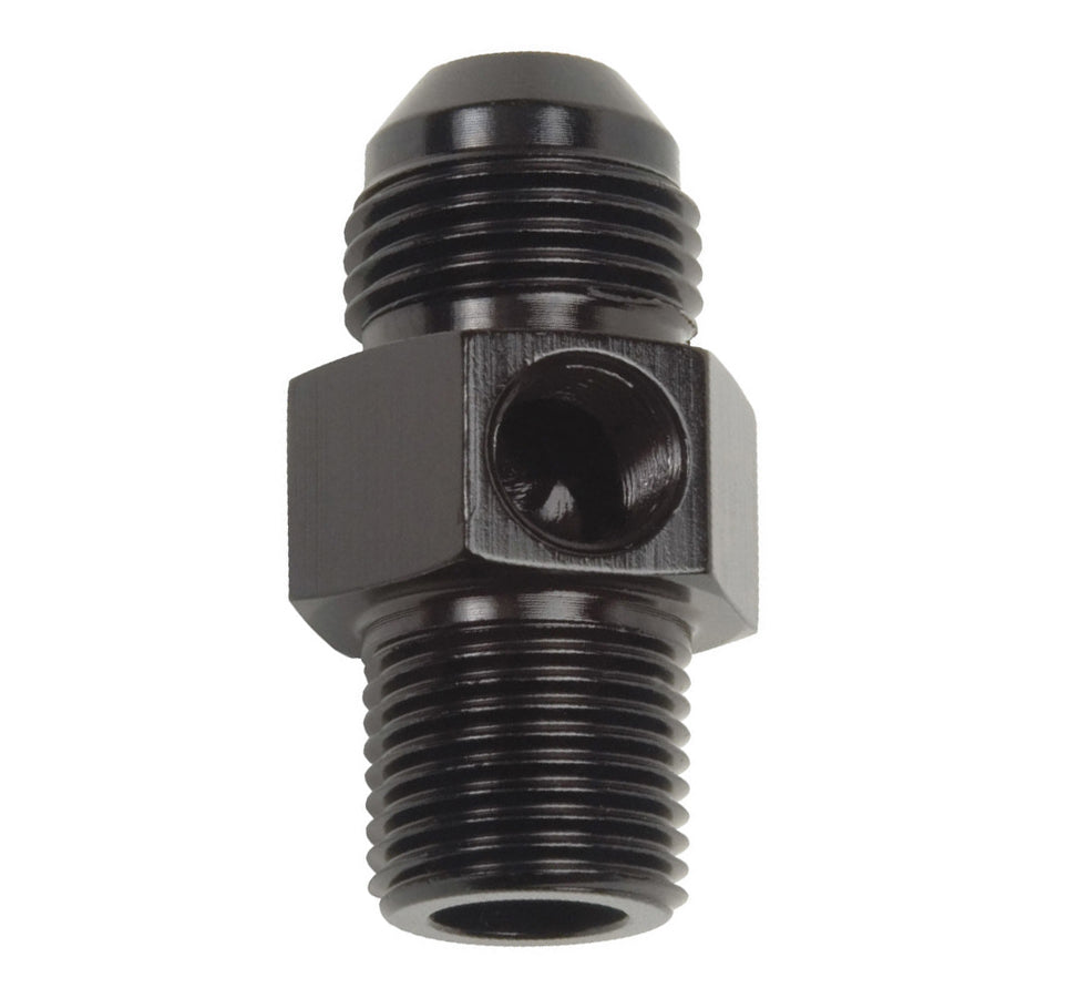 Fitting - Gauge Adapter - Straight - 6 AN Male to 3/8 in NPT Male - 1/8 in NPT Gauge Port - Aluminum - Black Anodized - Each