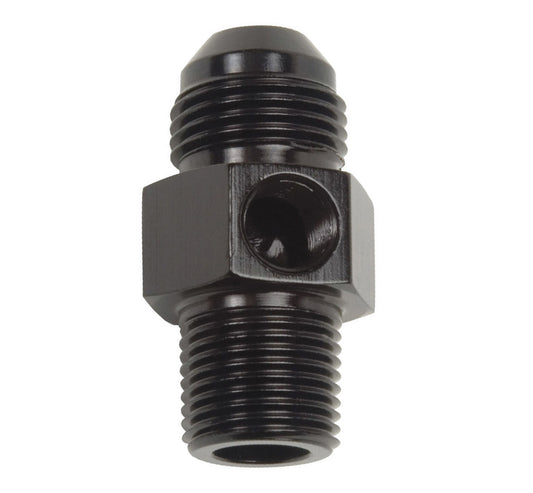 Fitting - Gauge Adapter - Straight - 8 AN Male to 3/8 in NPT Male - 1/8 in NPT Gauge Port - Aluminum - Black Anodized - Each
