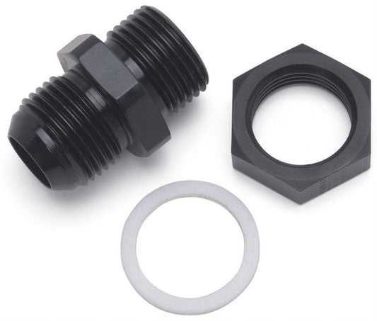 Fitting - Bulkhead - Straight - 6 AN Male to 6 AN Male Bulkhead - Nut / PTFE Washer Included - Aluminum - Black Anodized - Each