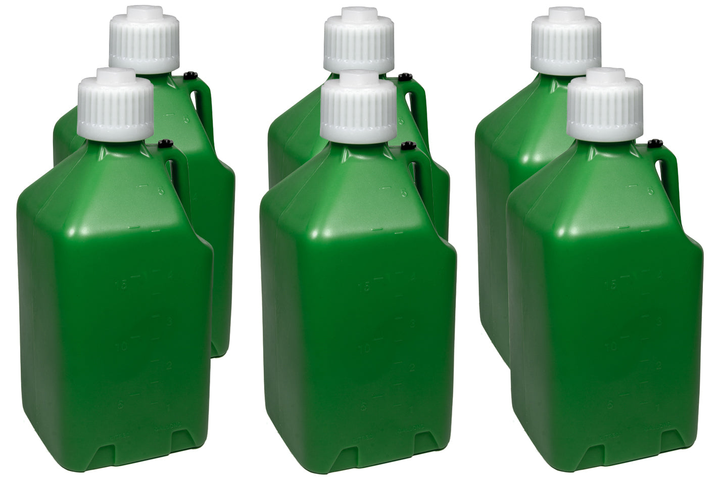 Utility Jug - 5 gal - 9.5 x 9.5 x 21.75 in Tall - Gasket Seal Cap - Flip-Up Vent - Square - Plastic - Green - Set of 6