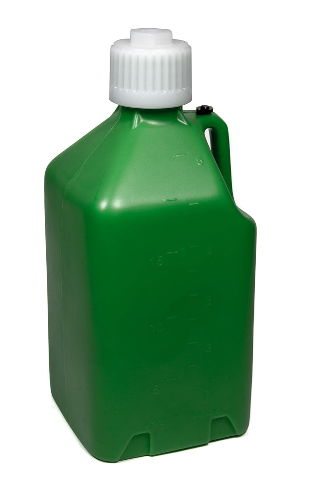 Utility Jug - 5 gal - 9.5 x 9.5 x 21.75 in Tall - Gasket Seal Cap - Flip-Up Vent - Square - Plastic - Green - Each
