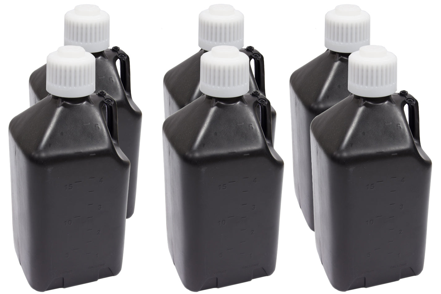 Utility Jug - 5 gal - 9.5 x 9.5 x 21.75 in Tall - Gasket Seal Cap - Flip-Up Vent - Square - Plastic - Black - Set of 6