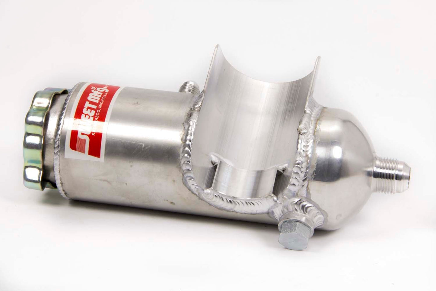 Power Steering Reservoir - 12 oz - 7 in Tall x 3 in OD - 6 AN Male Inlet - 10 AN Male Outlet - Aluminum - Natural - Sprint Car - Each