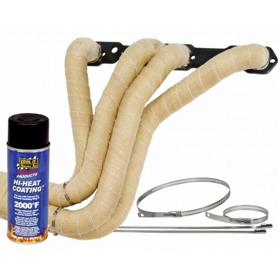 Engine & Accessories Wrap Kit - Automotive - 2 in Wide - Two 50 ft Roll - Hi-Heat Coating - Stainless Locking Ties - Woven Fiberglass - Tan - Kit