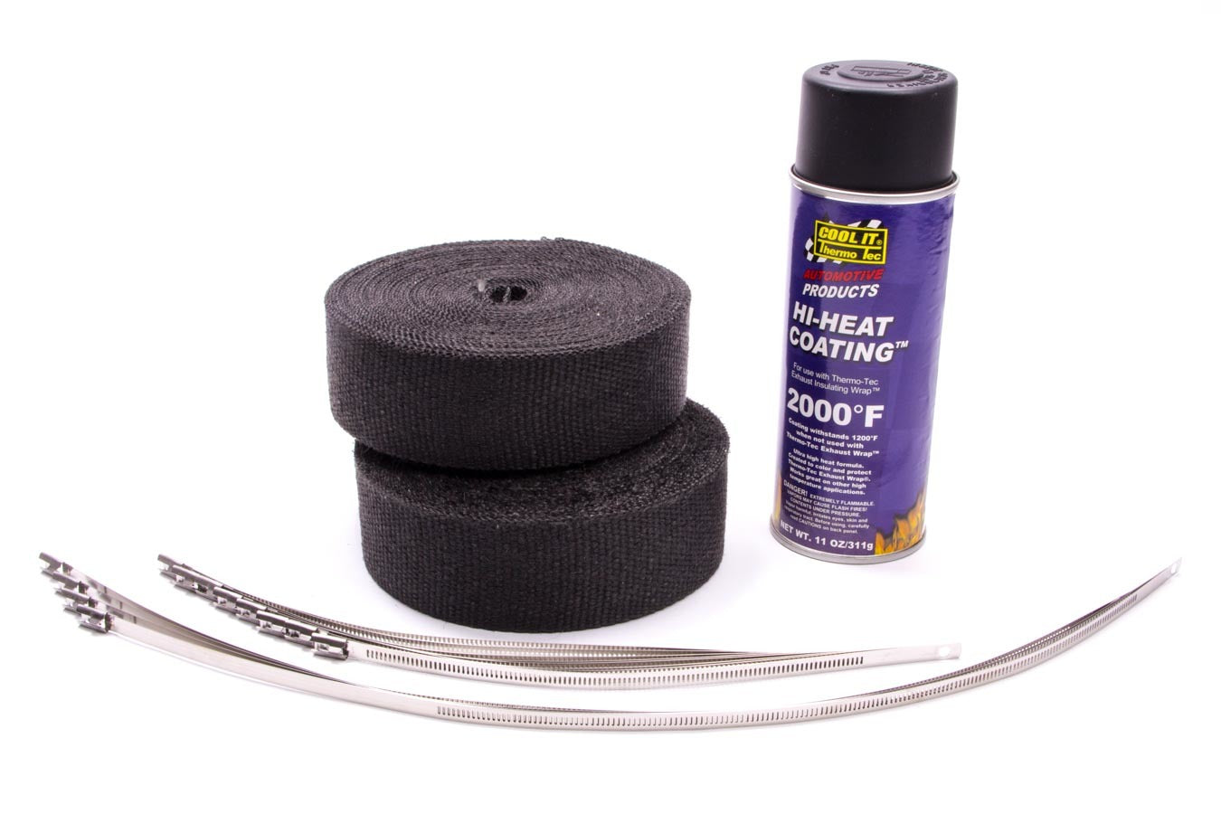 Engine & Accessories Wrap Kit - Automotive - 2 in Wide - Two 50 ft Roll - Hi-Heat Coating - Stainless Locking Ties - Woven Fiberglass - Black - Kit