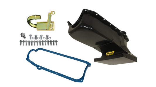 Engine Oil Pan Kit - Rear Sump - 6 qt - 8.125 in Deep - Gasket / Hardware / Pickup Included - Steel - Black Paint - 2-Piece Seal - Small Block Chevy - GM X-Body 1962-67 - Kit