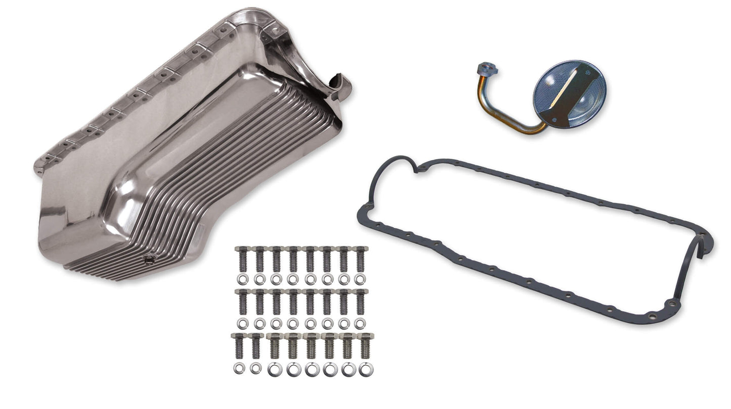 Engine Oil Pan Kit - Rear Sump - 4 qt - 7.313 in Deep - Hardware / Gasket / Pickup - Aluminum - Polished - Small Block Ford - Kit