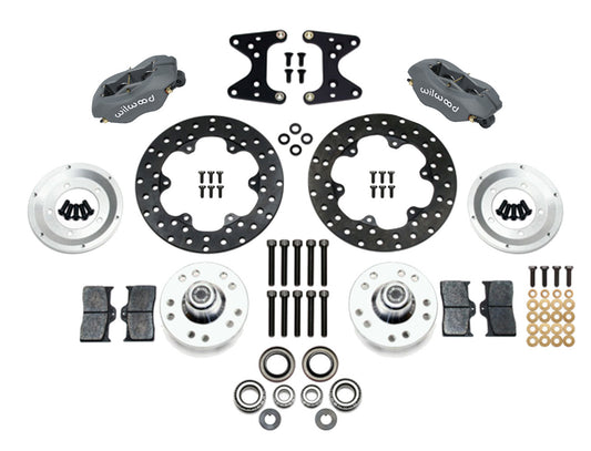 Brake System - Forged Dynalite Front Drag - Front - 4 Piston Caliper - 10.750 in Drilled Steel Rotor - Offset - Aluminum - Gray Anodized - Mustang II / Pinto - Kit