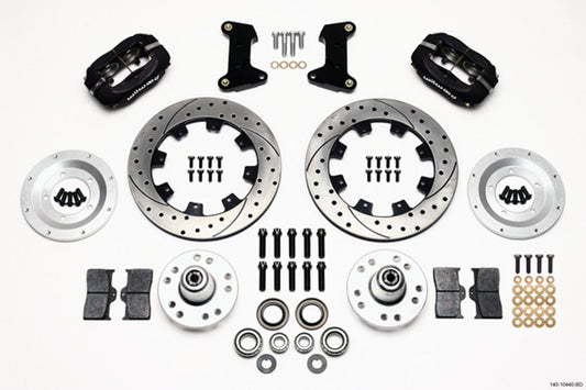 Brake System - Forged Dynalite - Front - 4 Piston Caliper - 12.190 in Drilled / Slotted Iron Rotor - Offset - Aluminum - Black Powder Coat - Ford Mustang II / Pinto 1974-80 - Kit