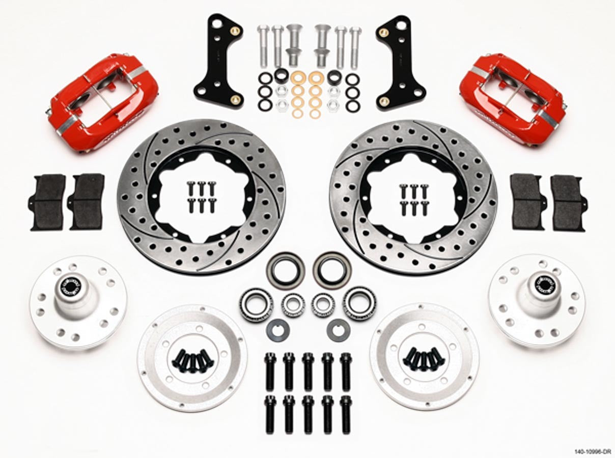 Brake System - Dynalite - Front - 4 Piston Caliper - 11.000 in Drilled / Slotted Iron Rotor - Offset - Aluminum - Red Powder Coat - GM A-Body / F-Body / X-Body 1964-74 - Kit