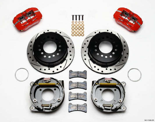 Brake System - Dynapro - Rear - 4 Piston Caliper - 11.000 in Drilled / Slotted Iron Rotor - Aluminum - Red Powder Coat - GM 12-Bolt - Kit