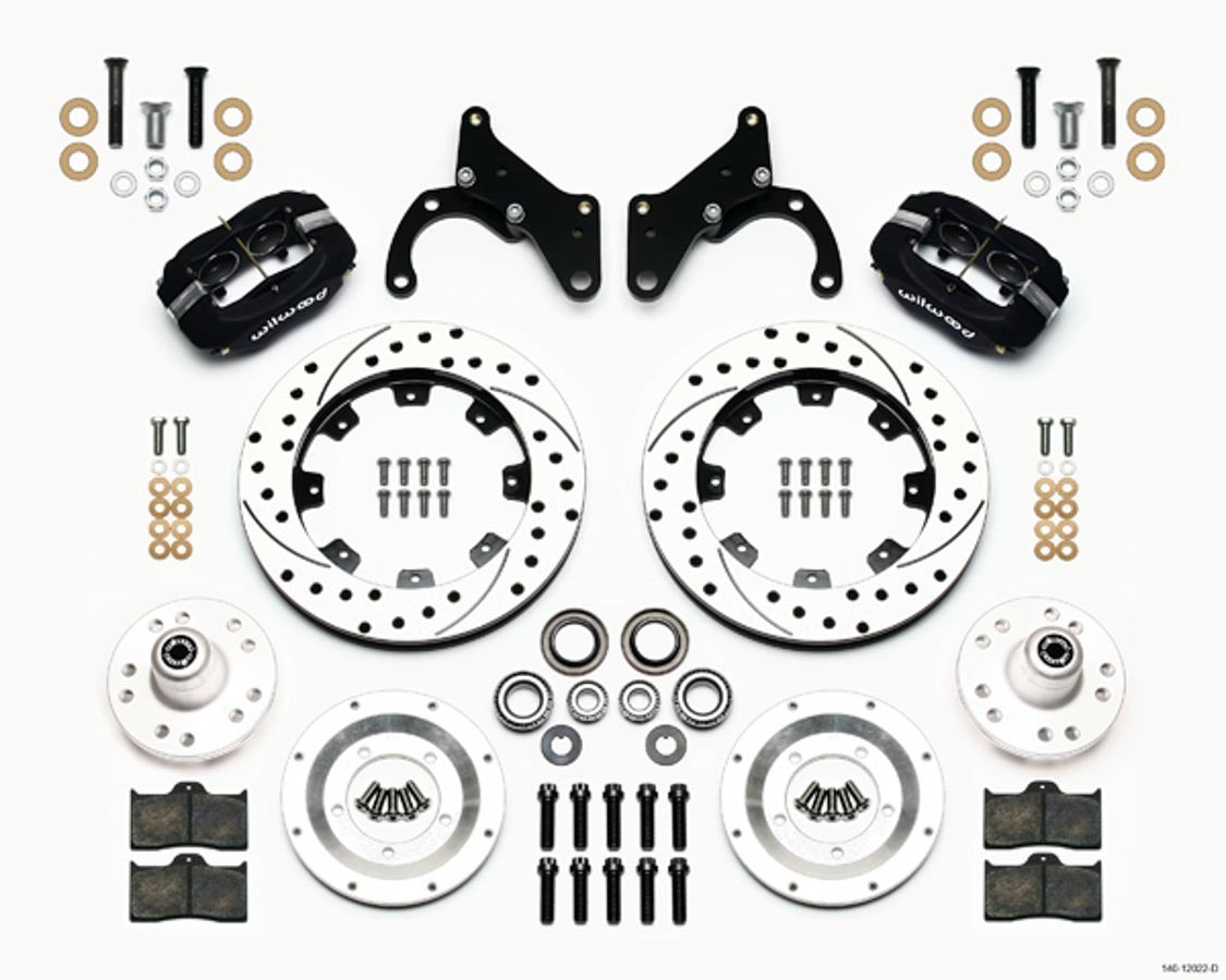 Brake System - Forged Dynalite Big Brake - Front - 4 Piston Caliper - 12.19 in Drilled / Slotted Iron Rotor - Aluminum - Black Powder Coat - GM B-Body 1965-68 - Kit