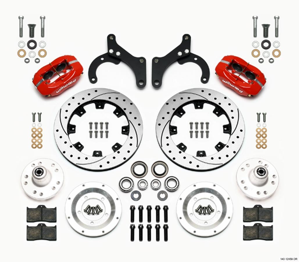 Brake System - Forged Dynalite Big Brake - Front - 4 Piston Caliper - 12.190 in Drilled / Slotted Iron Rotor - Aluminum - Red Powder Coat - GM Passenger Car 1959-64 - Kit