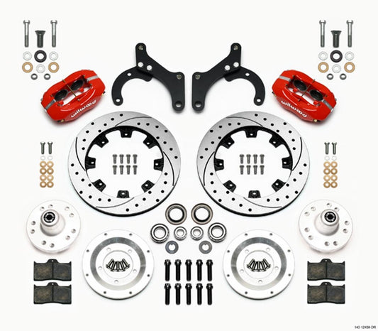 Brake System - Forged Dynalite Big Brake - Front - 4 Piston Caliper - 12.190 in Drilled / Slotted Iron Rotor - Aluminum - Red Powder Coat - GM Passenger Car 1959-64 - Kit