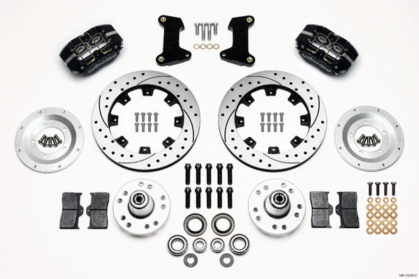 Brake System - Dynapro Dust-Boot Big Brake - Front - 4 Piston Caliper - 12.19 in Drilled / Slotted Iron Rotor - Aluminum - Black Powder Coat - Ford Mustang 1974-78 - Kit