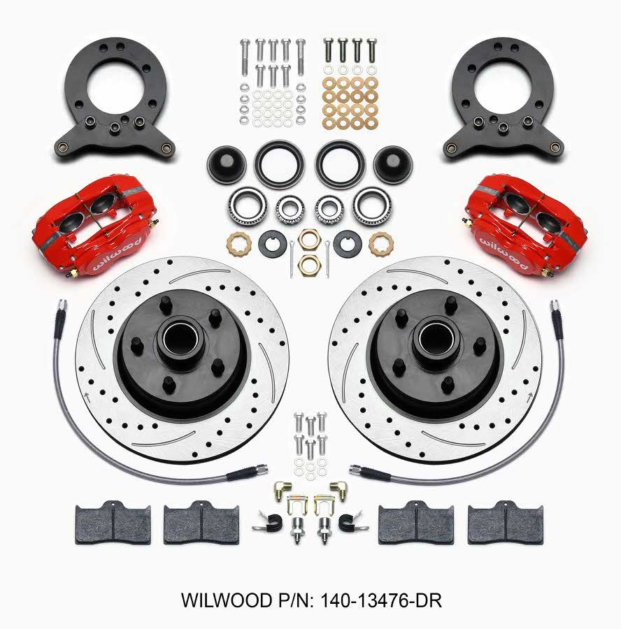 Brake System - Classic Series - Dynalite - Front - 4 Piston Caliper - 11.30 in Drilled / Slotted Iron Rotor - Offset - Aluminum - Red Powder Coat - Ford 1965-69 - Kit