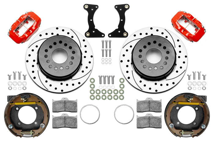 Brake System - Forged Dynalite - Rear - 4 Piston Caliper - 12.19 in Drilled / Slotted Iron Rotor - Aluminum - Red Powder Coat - GM G-Body 1978-88 - Kit