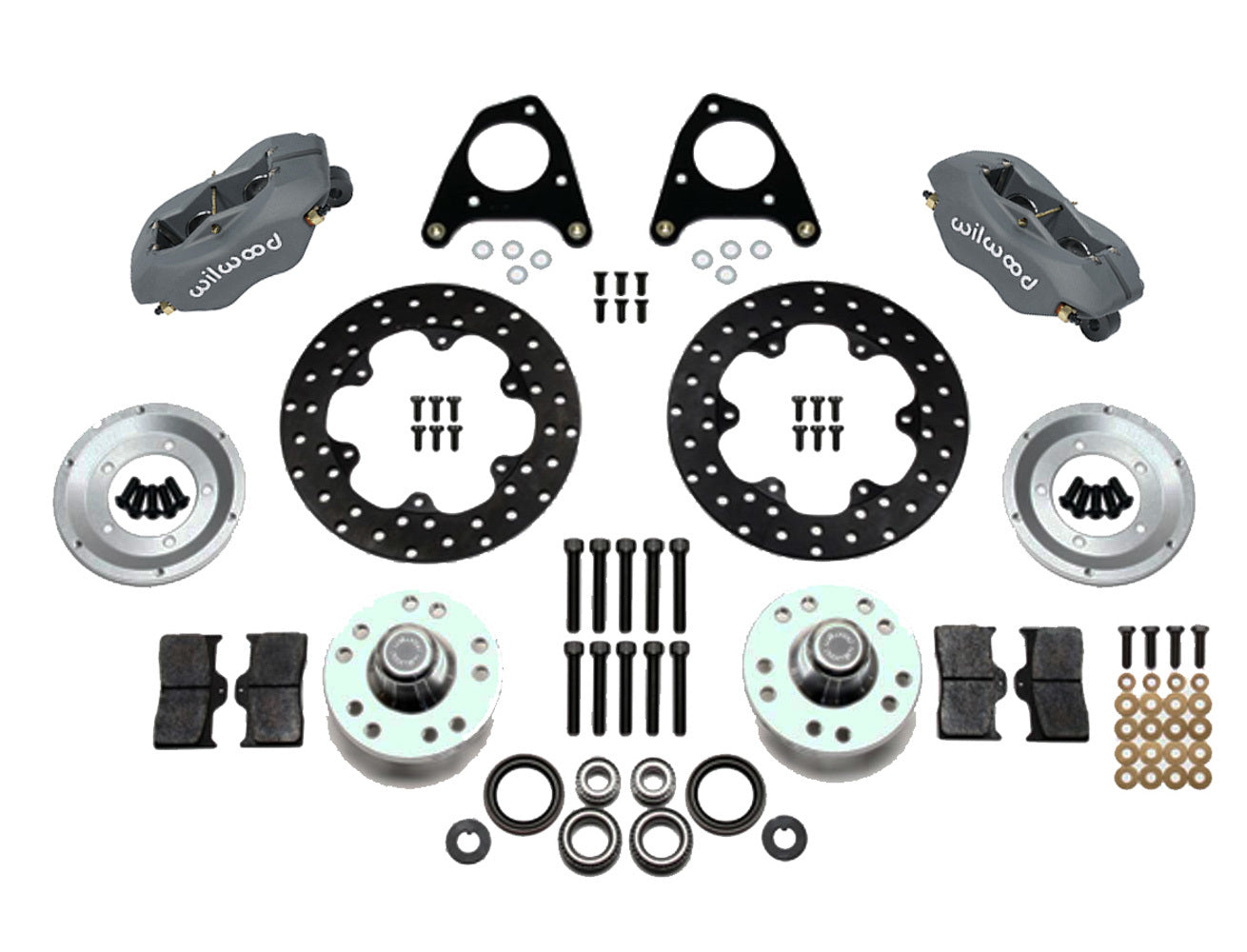 Brake System - Dynalite - Front - 4 Piston Caliper - 10.750 in Drilled Steel Rotor - Offset - Aluminum - Gray Anodized - Ford Mustang 1987-93 - Kit