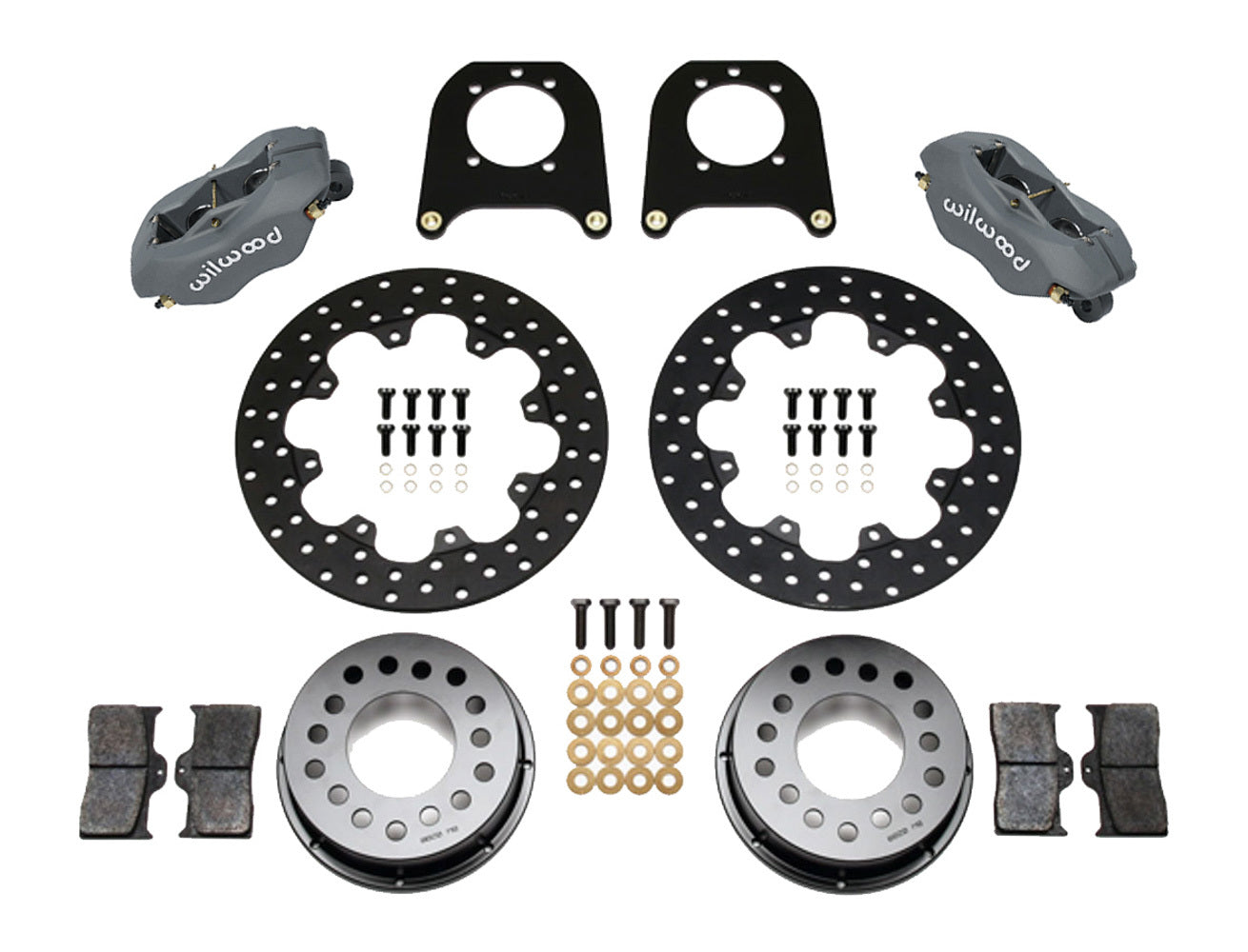 Brake System - Dynalite - Rear - 4 Piston Caliper - 11.438 in Drilled Steel Rotor - Offset Hat - Aluminum - Gray Anodized - GM 12-Bolt - Kit